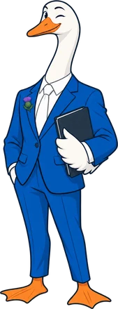 PropertyGoose mascot in a blue suit with a thistle pin, Scotland